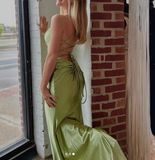 Niulatu Green V Neck Mermaid Satin Long Prom Dresses Formal Evening Dress with Slits HZ1031