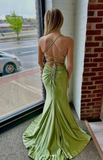 Niulatu Green V Neck Mermaid Satin Long Prom Dresses Formal Evening Dress with Slits HZ1031