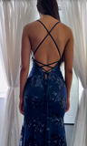 Niulatu Navy Blue V-neck Mermaid Tulle Sequin Long Prom Dresses Elegant Backless Evening Gowns HZ1031
