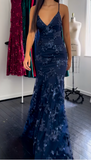 Niulatu Navy Blue V-neck Mermaid Tulle Sequin Long Prom Dresses Elegant Backless Evening Gowns HZ1031