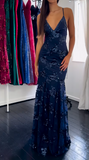Niulatu Navy Blue V-neck Mermaid Tulle Sequin Long Prom Dresses Elegant Backless Evening Gowns HZ1031