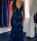 Niulatu Navy Blue V-neck Mermaid Tulle Sequin Long Prom Dresses Elegant Backless Evening Gowns HZ1031