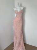 Niulatu Pink Spaghetti Straps Sheath Sequin Long Prom Dresses Formal Evening Gowns with Slits Wedding Guest Dress HZ1031