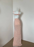 Niulatu Pink Spaghetti Straps Sheath Sequin Long Prom Dresses Formal Evening Gowns with Slits Wedding Guest Dress HZ1031