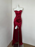 Niulatu Red Strapless Mermaid Satin Long Prom Dresses Glamour Evening Gowns with Slits HZ1031