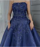 Niulatu Navy Blue Strapless A-Line Tulle Long Prom Dresses Formal Evening Gowns with Appliques HZ1031