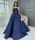 Niulatu Navy Blue Strapless A-Line Tulle Long Prom Dresses Formal Evening Gowns with Appliques HZ1031