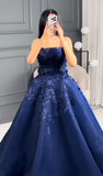 Niulatu Navy Blue Strapless A-Line Tulle Long Prom Dresses Formal Evening Gowns with Appliques HZ1031