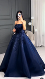 Niulatu Navy Blue Strapless A-Line Tulle Long Prom Dresses Formal Evening Gowns with Appliques HZ1031