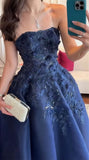 Niulatu Navy Blue Strapless A-Line Tulle Long Prom Dresses Formal Evening Gowns with Appliques HZ1031