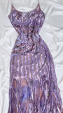 Niulatu Purple Spaghetti Straps Sheath Sequin Chiffon Long Stunning Prom Dresses with Tassels & Beading HZ1031