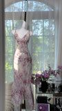 Niulatu V-neck Sheath Printed Chiffon Long Prom Dresses Retro Evening Gowns HZ1031