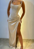 Niulatu Light Champagne Strapless Sheath Beaded Satin Long Prom Dresses Formal Evening Gowns with Slits HZ1031