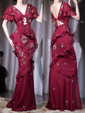 Niulatu Deep Red V Neck Mermaid Beaded Chiffon Long Prom Dresses Elegant Evening Gowns HZ1031