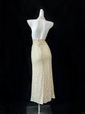 Niulatu Light Yellow Halter Neck Sheath Sequin Evening Dress Elegant Party Dress HZ1031