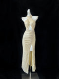 Niulatu Light Yellow Halter Neck Sheath Sequin Evening Dress Elegant Party Dress HZ1031