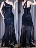 Niulatu Black One Shoulder Mermaid Tulle Sequin Long Prom Dresses Elegant Evening Dresses HZ1031