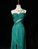 Niulatu Green One Shoulder Sheath Tulle Long Prom Dresses Elegant Evening Gowns HZ1031