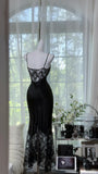 Niulatu Black Spaghetti Straps Mermaid Lace Satin Prom Dresses Vintage Evening Gowns with Beadings HZ1031