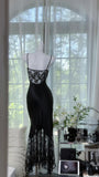 Niulatu Black Spaghetti Straps Mermaid Lace Satin Prom Dresses Vintage Evening Gowns with Beadings HZ1031
