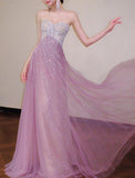 Niulatu Pink Sweetheart A-Line Tulle Sequins Long Prom Dresses Elegant Formal Evening Gowns HZ1031