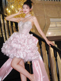 Niulatu Pink Sweetheart A-Line Satin Sequin Short Prom Dresses Fashion Homecoming Dress HZ1031