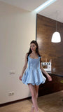 Niulatu Blue Square Neck A-Line Satin Short Prom Dresses Fashion Homecoming Dress HZ1031