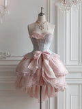 Niulatu Pink Sweetheart Tulle Lace Lolita Short Evening Dress Sweet Homecoming Dress HZ1031