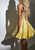 Niulatu Yellow Strapless A-Line Satin Sequin Short Evening Dress Fashion Homecoming Dress HZ1031