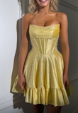 Niulatu Yellow Strapless A-Line Satin Sequin Short Evening Dress Fashion Homecoming Dress HZ1031