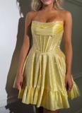 Niulatu Yellow Strapless A-Line Satin Sequin Short Evening Dress Fashion Homecoming Dress HZ1031