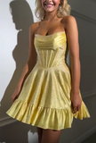 Niulatu Yellow Strapless A-Line Satin Sequin Short Evening Dress Fashion Homecoming Dress HZ1031