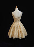 Niulatu Gold Sweetheart Neck A-Line Tulle Sequin Short Prom Dresses Sweet 16 Dress HZ1031