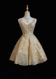 Niulatu Gold Sweetheart Neck A-Line Tulle Sequin Short Prom Dresses Sweet 16 Dress HZ1031