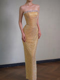 Niulatu Gold Sheath Lace Sequin Long Prom Dresses, Fashion Strapless Formal Evening Gowns HZ1031