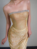 Niulatu Gold Sheath Lace Sequin Long Prom Dresses, Fashion Strapless Formal Evening Gowns HZ1031