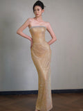 Niulatu Gold Sheath Lace Sequin Long Prom Dresses, Fashion Strapless Formal Evening Gowns HZ1031