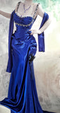 Niulatu Blue Straps Mermaid Satin Long Prom Dresses, Beaded Formal Evening Gowns HZ1031