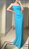 Niulatu Blue Spaghetti Straps Sheath Chiffon Long Prom Dresses, Formal Evening Dresses HZ1031