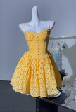 Niulatu Yellow Spaghetti Straps A-Line Tulle Applique Short Prom Dresses Cute Homecoming Dress HZ1031