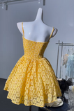 Niulatu Yellow Spaghetti Straps A-Line Tulle Applique Short Prom Dresses Cute Homecoming Dress HZ1031
