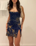 Niulatu Navy Blue Square Neck Bodycon Beaded Short Evening Gown Gorgeous Homecoming Dresses HZ1031