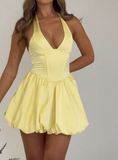 Niulatu Butter Yellow Halter A-Line Satin Short Prom Dresses Fashion Homecoming Dress HZ1031