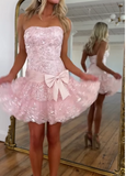 Niulatu Pink Strapless Sheath Tulle Sequin Short Prom Dresses Sweet Homecoming Dress HZ1031