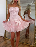Niulatu Pink Strapless Sheath Tulle Sequin Short Prom Dresses Sweet Homecoming Dress HZ1031