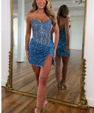 Niulatu Blue Sweetheart Neck Sheath Sequin Short Prom Dresses Stylish Homecoming Dress with Slits HZ1031