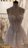 Niulatu White Halter A-Line Beaded Sequin Short Party Dress,Tulle Homecoming Dresses HZ1031