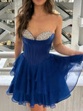 Niulatu Blue Strapless A-Line Chiffon Short Homecoming Dress with Sequins HZ1031