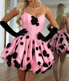 Niulatu Spaghetti Straps Pink A-Line Satin Backless Short Homecoming Dress with Appliques HZ1031