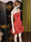 Niulatu Red Strapless A-Line Satin Polka Dot Short Prom Dress Sweet 16 Dress HZ1031